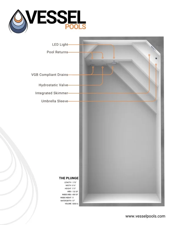 VESSEL pool dimensions and integrated features — engineering spec sheet