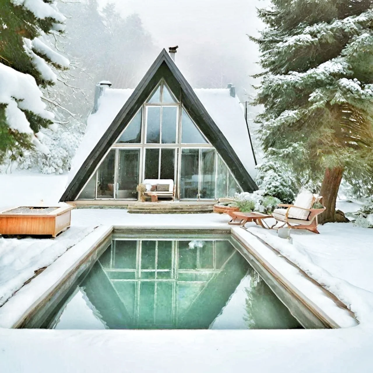 Heated VESSEL pool beside a snow-covered A-frame cabin