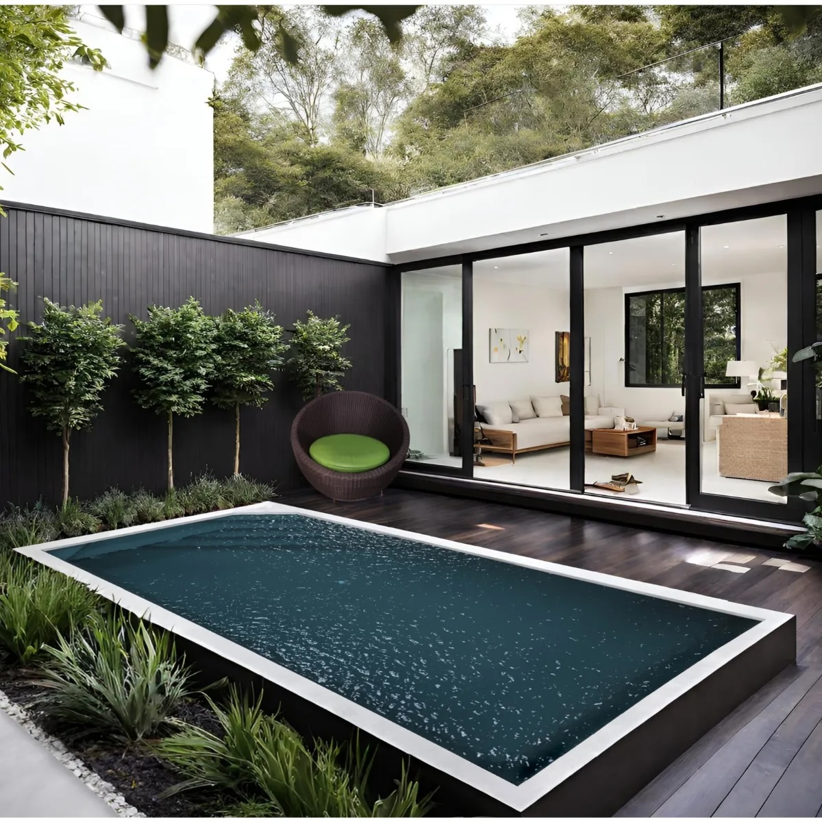 Finished VESSEL plunge pool, partially recessed installation with wood decking